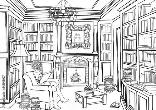 Woman Reading in Library Drawing, Sketch of the room, Line art Interior of Library, Office Coloring page