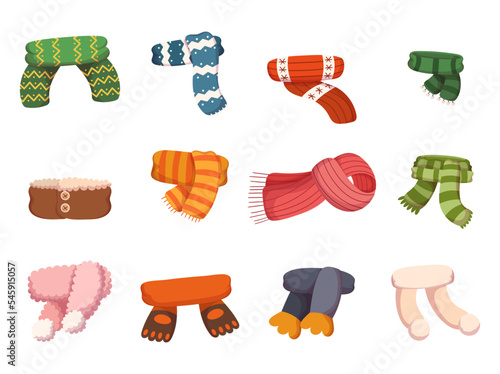Set of Children Scarves for Autumn and Winter Seasons, Knitted and Textile Neckerchief for Girls or Boys. Kids Headwear