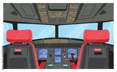 Pilot Cockpit, Captain Airplane Cabin with Dashboard, Chairs and Window. Modern Passenger Plane Interior