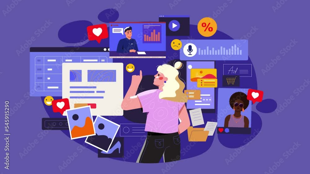 Information overload. Moving girl watches news, reads online newspaper, communicates in social networks, works with documents and makes decisions. Tired busy character. Flat graphic animated cartoon