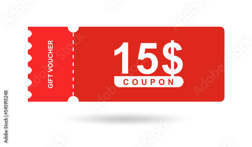 Gift voucher 15$. Coupon 15$ sale for website, internet ads, social media. Discount gift voucher, beautiful design. Big sale and super sale vector illustration