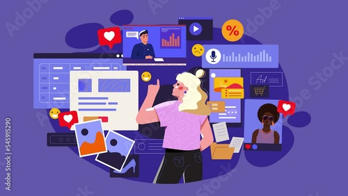 Information overload. Moving girl watches news, reads online newspaper, communicates in social networks, works with documents and makes decisions. Tired busy character. Flat graphic animated cartoon