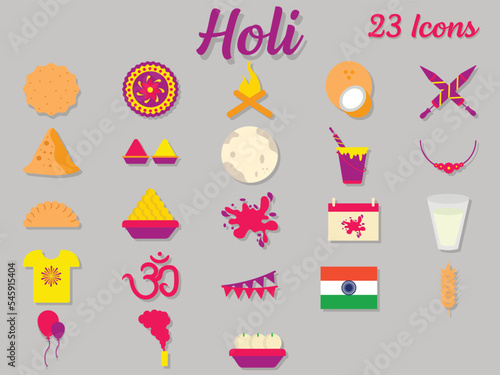 23 Holi Festival Icon Or Symbol Set On Grey Background.