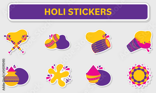 Yellow And Purple Holi Sticker Collection On Grey Background.