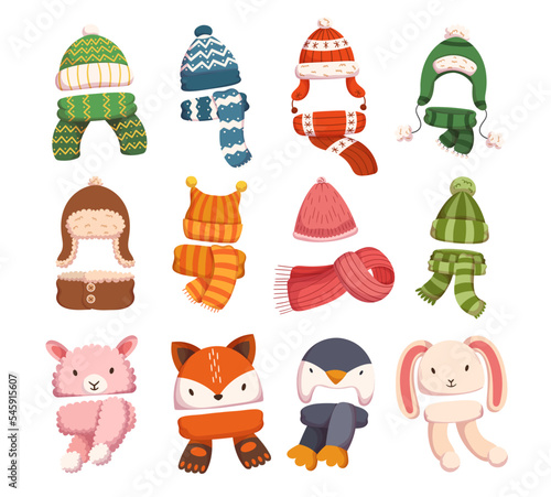 Set of Children Hats for Autumn and Winter Seasons, Knitted and Textile Caps for Girls or Boys Isolated on White