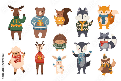 Christmas Animals Waving Hands, Cartoon Characters Fox, Reindeer, Bear and Raccoon with Hedgehog and Owl Illustration