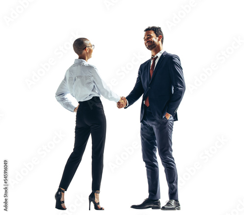 Two happy business people shaking hands on a transparent background