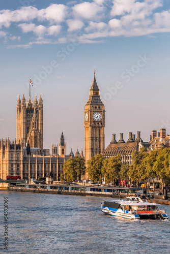 Famous Big Ben with bridge and Thames river in London, England, UK