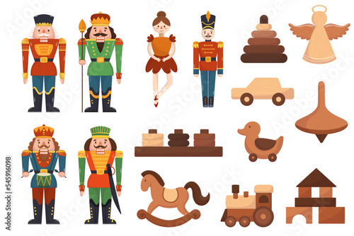 Set Wooden Toys Nutcracker, Ballerina, Rocking Horse, Car and Whirligig. Train, Angel, Pyramid and Wheeled Duck