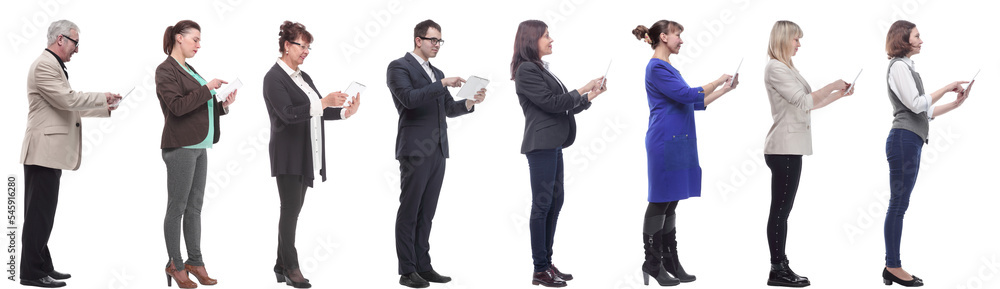group of people holding tablet and looking ahead group of people holding tablet and looking ahead