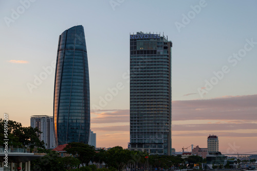 Da Nang City Administrative Centre and the Novotel by the Han river at dusk