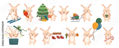 Set of Cute Christmas Rabbits, Cartoon New Year Bunny, Funny Xmas Animal Personages Holding Gift Box, Carrot, Candy Cane