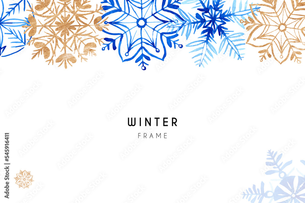 Fototapeta premium Winter watercolor background with blue and golden snowflakes on white.