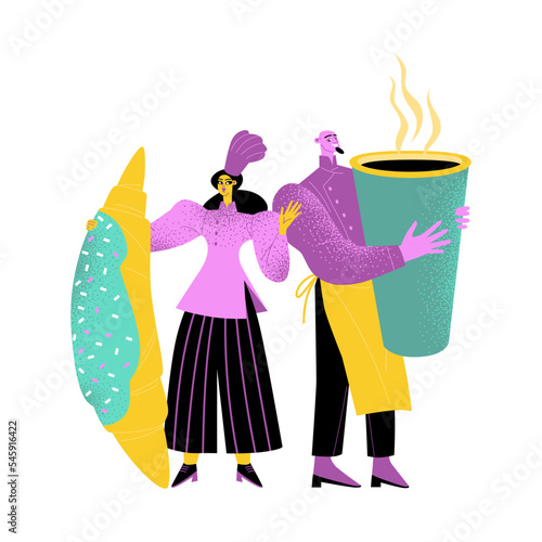 Funny characters with a huge croissant and a paper cup of coffee. Isolated cafe or bakery concept illustration