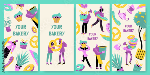 Collection of bakery banner templates with funny characters with donuts, cupcakes and other pastries