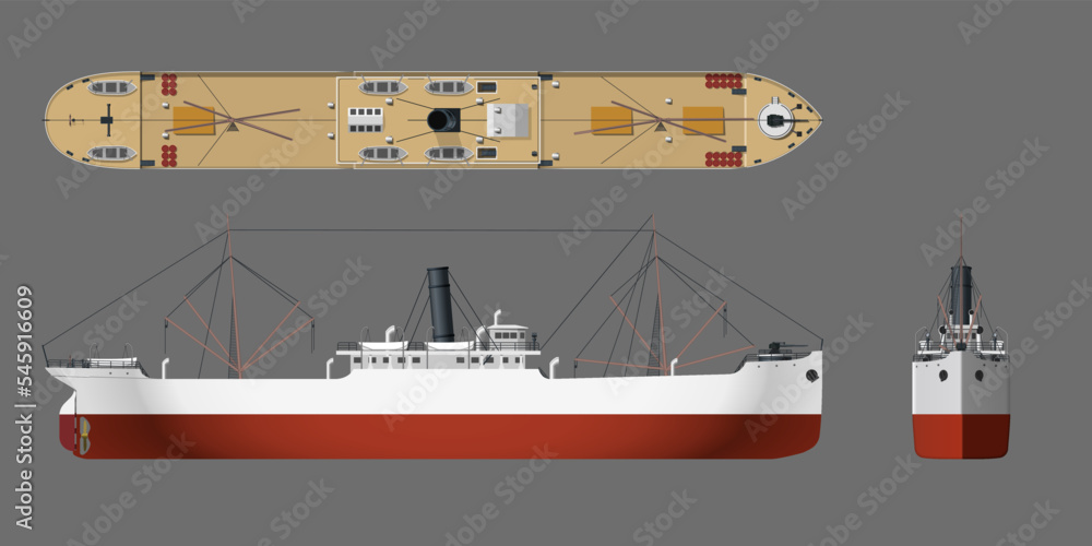 Steamer drawing. 3d steamship industrial blueprint. Ship view top, side