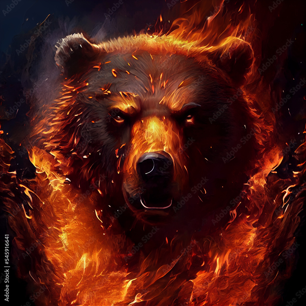 Burning flame, angry bear, head of the animal. Forest, hicking, print for t-shirt - obrazy, fototapety, plakaty 