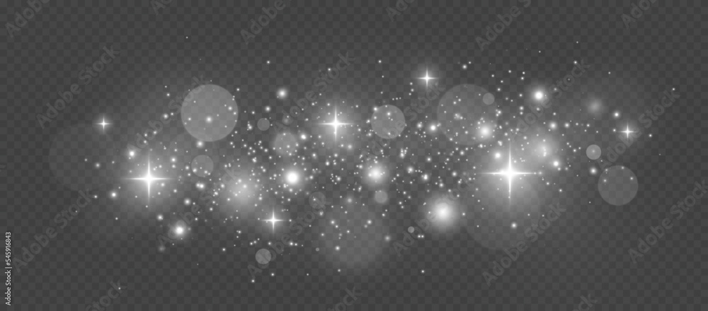 The dust sparks and silver stars shine with special light. White dust, white sparks and golden stars. Christmas Abstract stylish light effect.