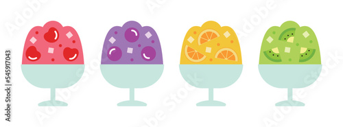 Colorful, sweet and delicious fruit jelly pudding dessert sip illustration graphic set. Contains cherries, grapes, oranges and kiwi.