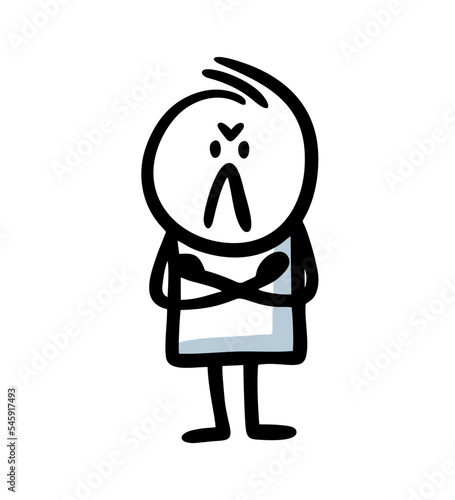Doodle sullen man with crossed arms looks on us accusingly.
