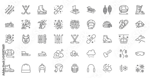 Winter sport vector flat line icons. Outdoor activities equipment snowboard, hockey, sled, skates, snow tubing, ice kiting, husky dog, climbing. Linear pictogram for ski resort. Editable Stroke