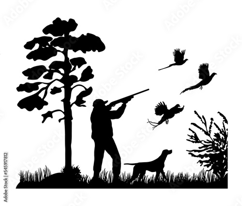 Hunter with dog aiming with rifle on pheasant. Outdoor hunting scene. Vector silhouette hunting isolated on white background.