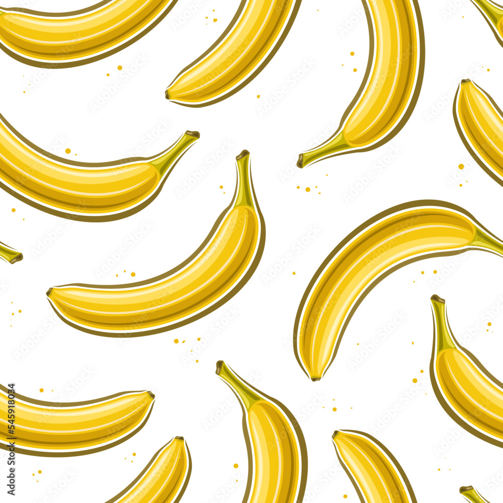 Vector Banana Seamless Pattern, square repeating background with cut out illustrations of whole yellow ripe bananas, group of flat lay single closed banana fruits for home interior on white background