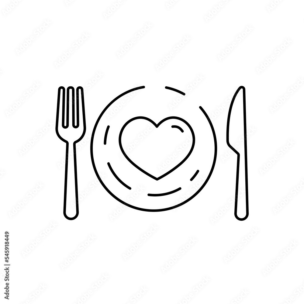 Conceptual eat healthy icon. Heart and dining plate sign. Concept eat well for your health symbol. Thin line icon on white background. Vector illustration.