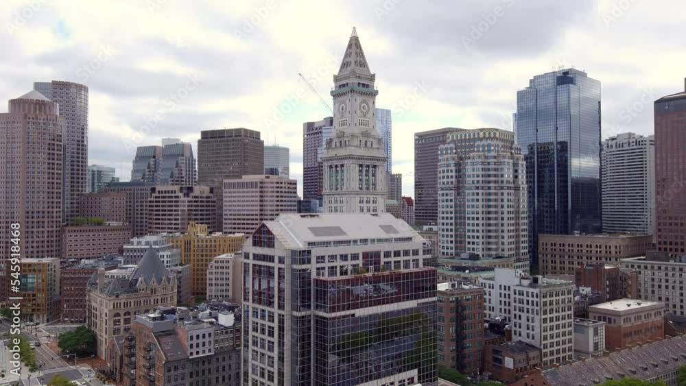 Ascending Shot Of The Custom House Tower In The Financial District Neighborhood Of Boston In Massachusetts, USA. aerial drone Ascending Shot Of The Custom House Tower In The Financial District Neighborhood Of Boston In Massachusetts, USA. aerial drone