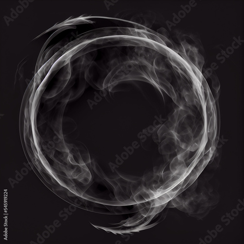 Smoke rings. Abstract realistic vape round symbol. Steam frame after cigarette, pipe or hookah smoking. Puffing, realistic fog flowing in round border