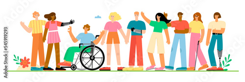 A group of happy men and women with disabilities, in a wheelchair, with a prosthesis. Set of different people. Flat vector illustration