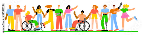 Multiracial group of happy people with disabilities. A set of different people with prosthetic arms, legs, in a wheelchair. Flat vector illustration