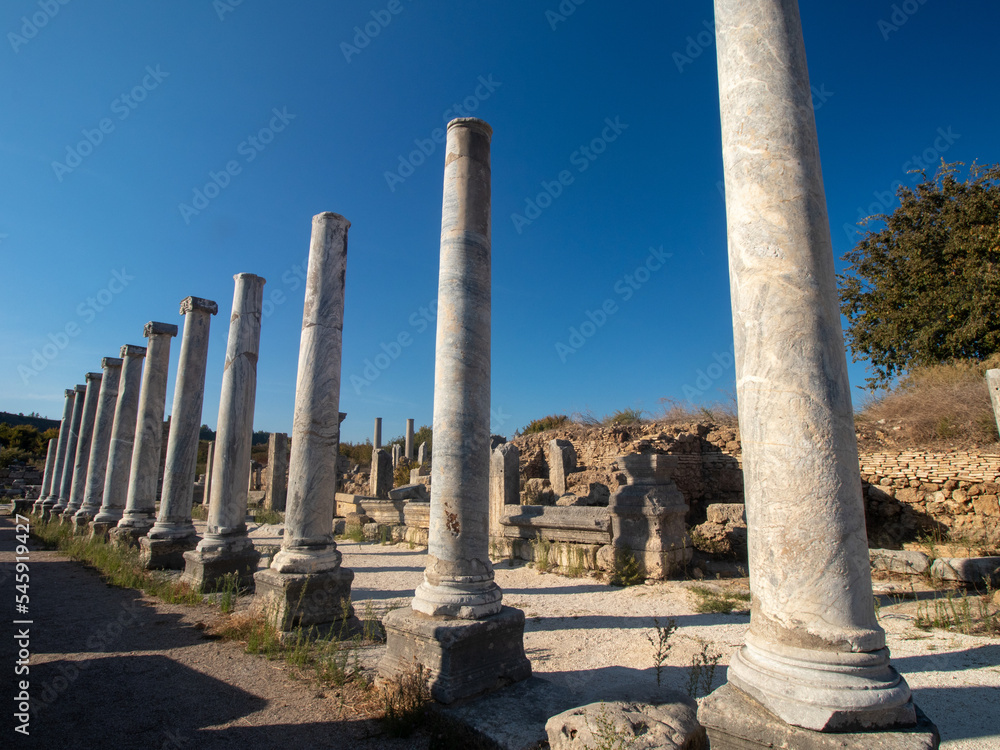Perge, an ancient Greek city in Anatolia, a large site of ancient ruins, now in Antalya Province on the Mediterranean coast of Turkey