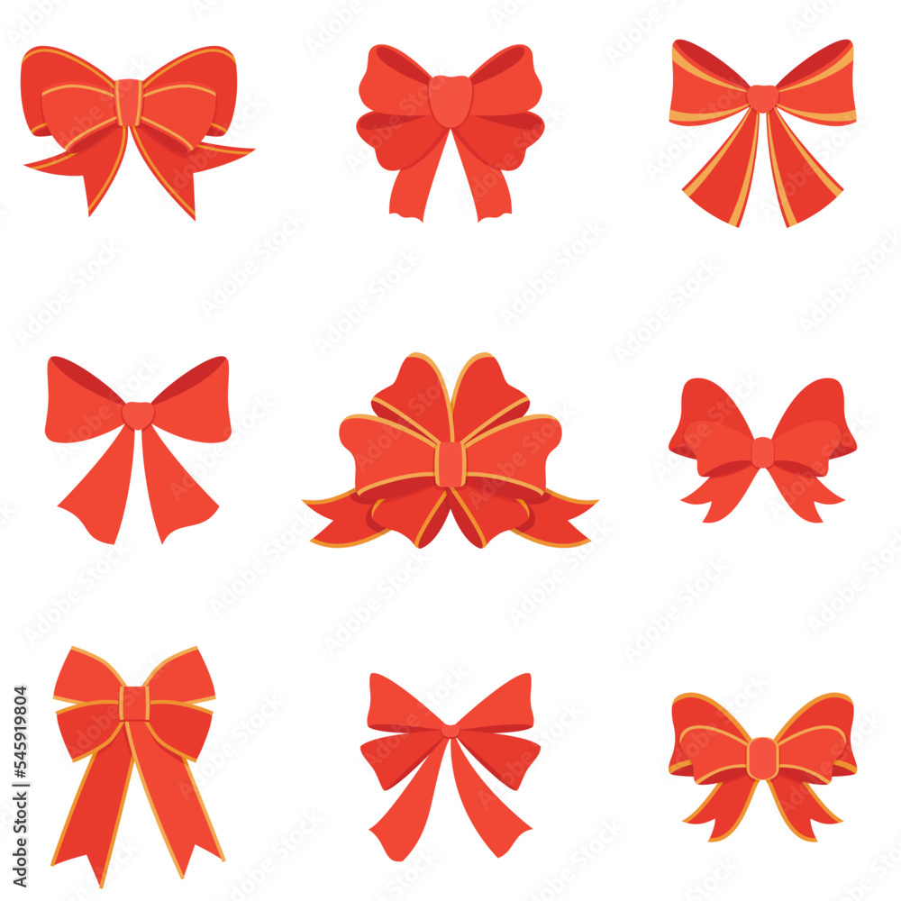 Collection with elegant red bows from ribbon for decorating gifts, surprises for holidays. Decor for greeting cards for birthday, christmas, new year. Vector flat illustration