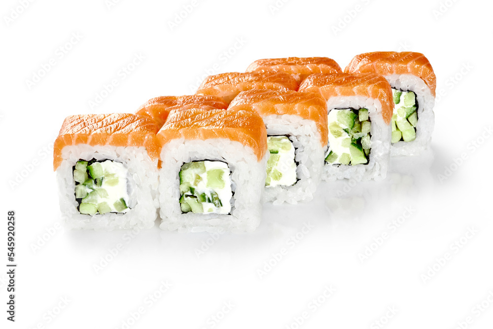 Philadelphia rolls with cream cheese and cucumbers topped raw salmon fillet Philadelphia rolls with cream cheese and cucumbers topped raw salmon fillet