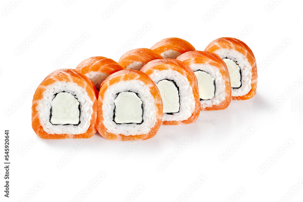 Classic Philadelphia sushi rolls with cream cheese wrapped in salmon fillet Classic Philadelphia sushi rolls with cream cheese wrapped in salmon fillet