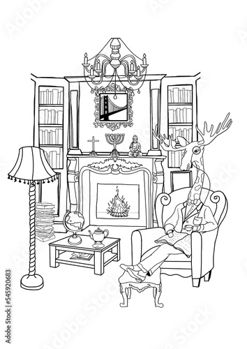 Hipster giraffe moose Illustration, Gentleman Anthropomorphic Moose, Fun Line art Drawing, Royal Animal reading newspaper
