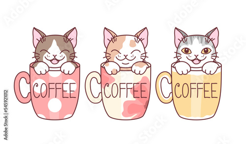 Cute three kittens sitting in coffee cups minimal vector illustration. Doodle cartoon cats series.
