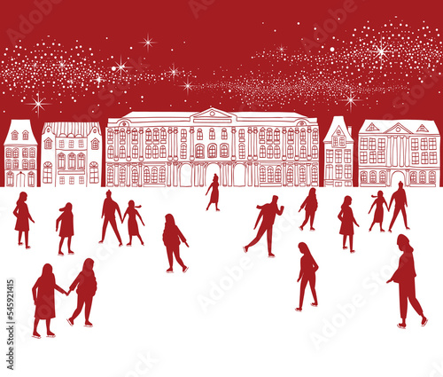 Ice skating rink with old architecture houses on the background. Croud of skating people silhouettes