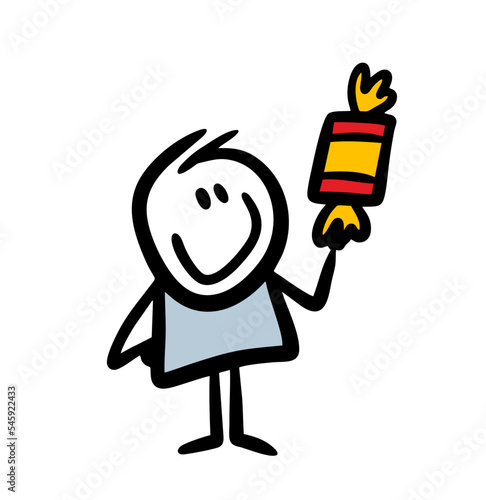 Cute doodle child with very big candy holding in hand and smiling.