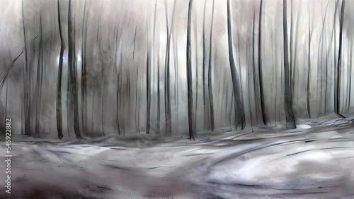 watercolor painting of landscape image for winter time, winter colors., snowy woods look.