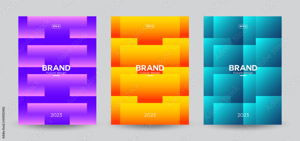 Fototapeta premium Set of three modern design templates. Creative glowing covers with squares for banners, posters, brochures, flyers, and page layouts other. Vector, 2022-2023