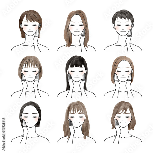 肌をいたわりスキンケアをする9人の女性たちの水彩ベクターイラストセット