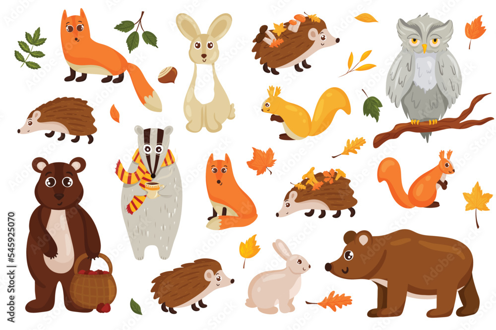 Fototapeta premium Beautiful autumn theme animals set