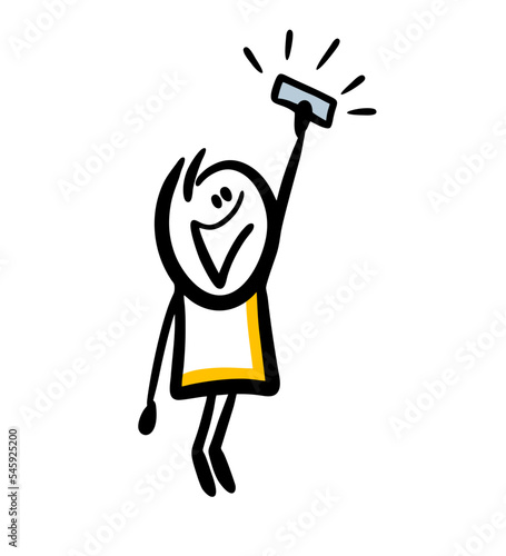 Funny stickman character holding smart phone high above the head and making selfy photos.