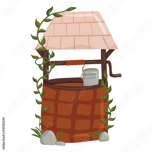 Stone well with rope, bucket, roof and green creeper