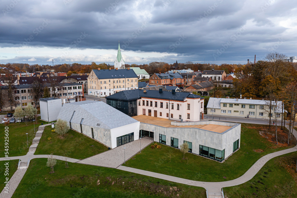 view from above of the city of Dobele with the music school in the foreground, Latvia
