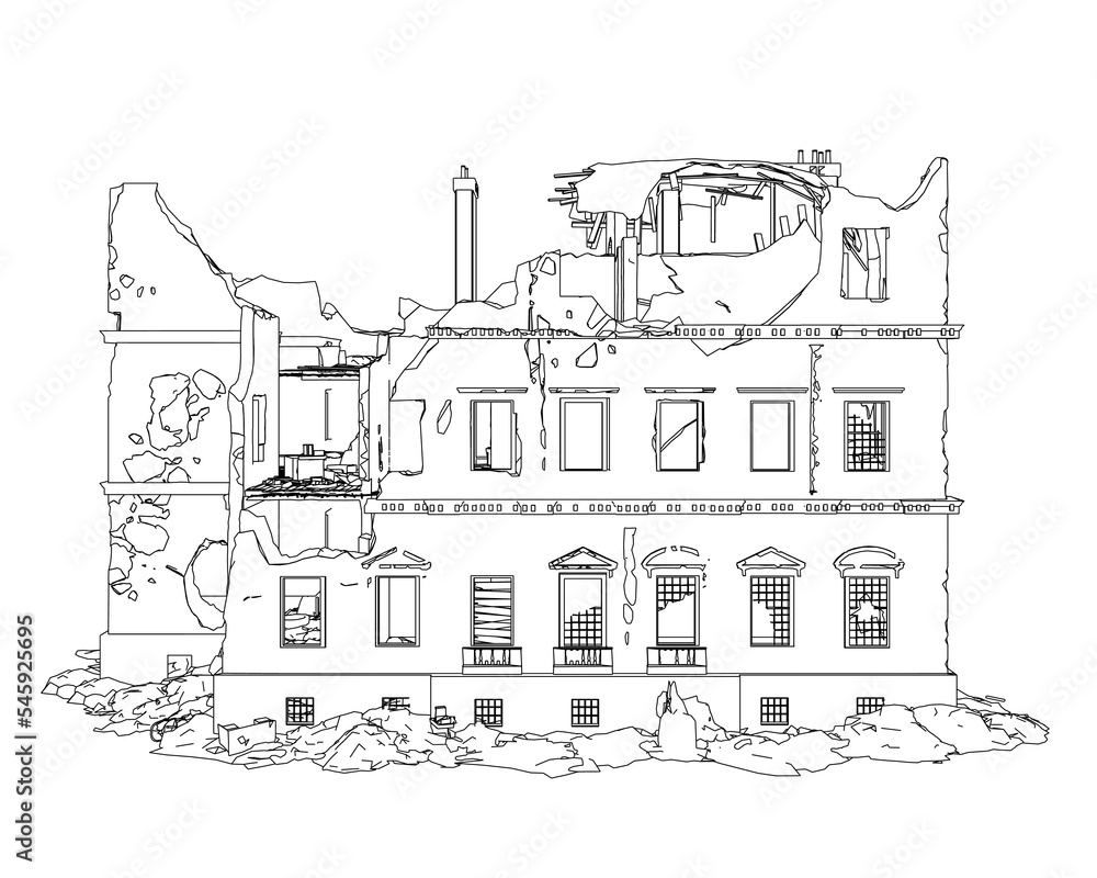 The outline of the destroyed building from black lines isolated on a white background. Front view. 3D. Vector illustration.