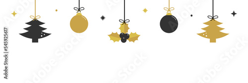 Wide horizontal vector illustration, banner, header for winter holidays design with black and gold christmas trees, christmas ornaments and mistletoe hanging on ropes.
