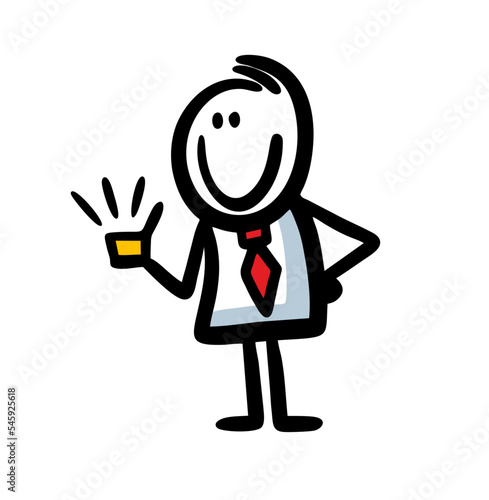 Romantic male stick figure in office style costume and tie holding small gift box with golden jewelry. © Eka Panova